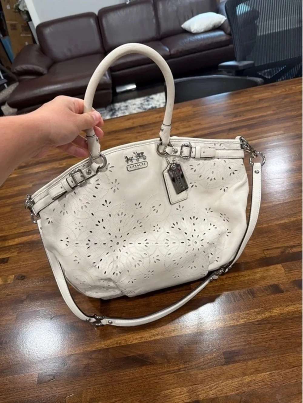 Coach Madison Tossed Laser Lindsey Satchel White Leather Style 19624